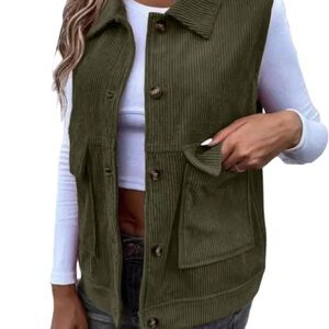 Women's Corduroy Sleeveless Vest, Button-Front Pocketed Casual Jacket
